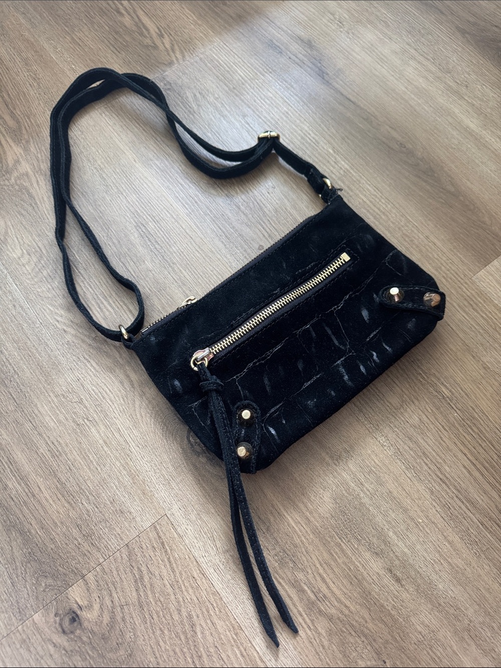 Linea Pelle Black Suede Crossbody Bag with Gold Hardware